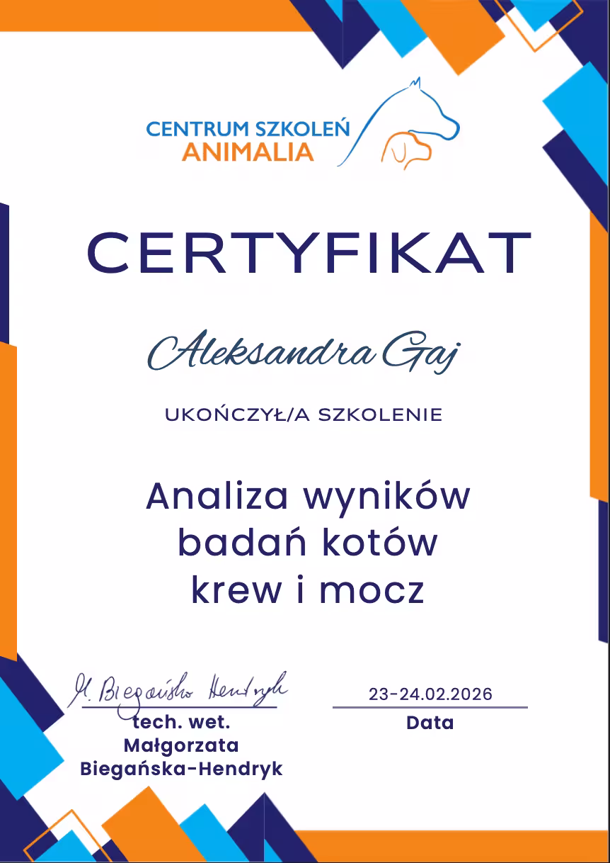Certyfikat ukończenia kursu Analiza wyników badań laboratoryjnych