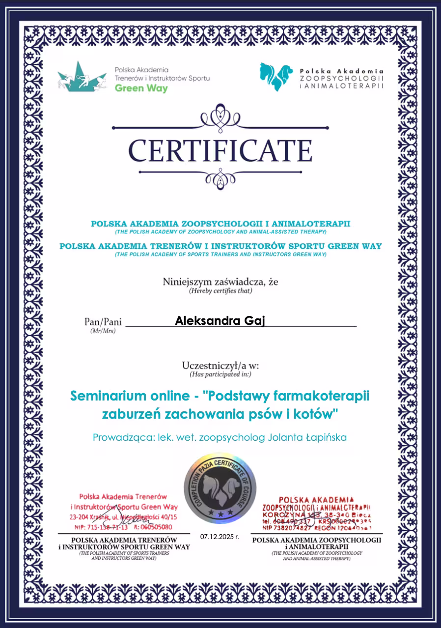 Certyfikat ukończenia kursu Podstawy farmakoterapii zaburzeń zachowania psów i kotów